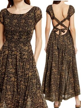 Free People Ultraviolet Maxi Dress Size M Floral Print Puff Sleeve Cross Back